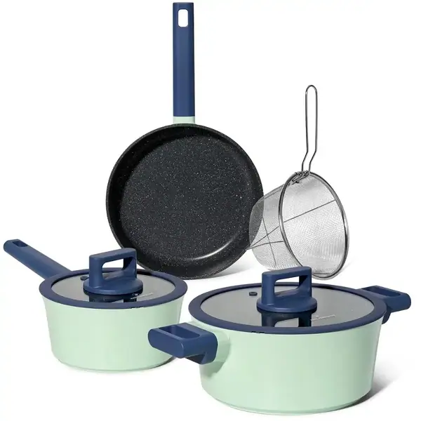 Set de cratite, cos de prajit si tigaie Just Perfecto JL-333, 6 piese, Acoperire marmura, Inductie, Capac din sticla cu orificiu pentru abur, Verde/al