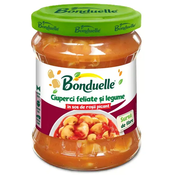 Bonduelle Ciuperci feliate si legume in sos de rosii picant