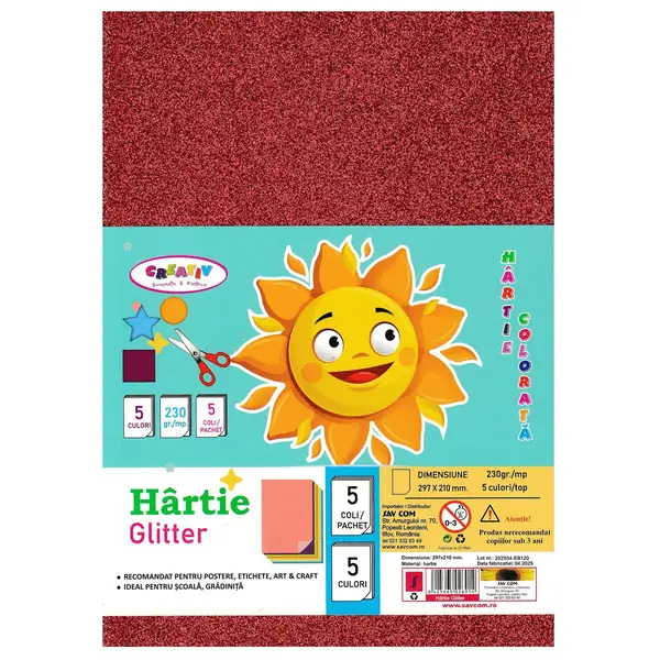 Creativ Hartie glitter 5 culori, 5 coli